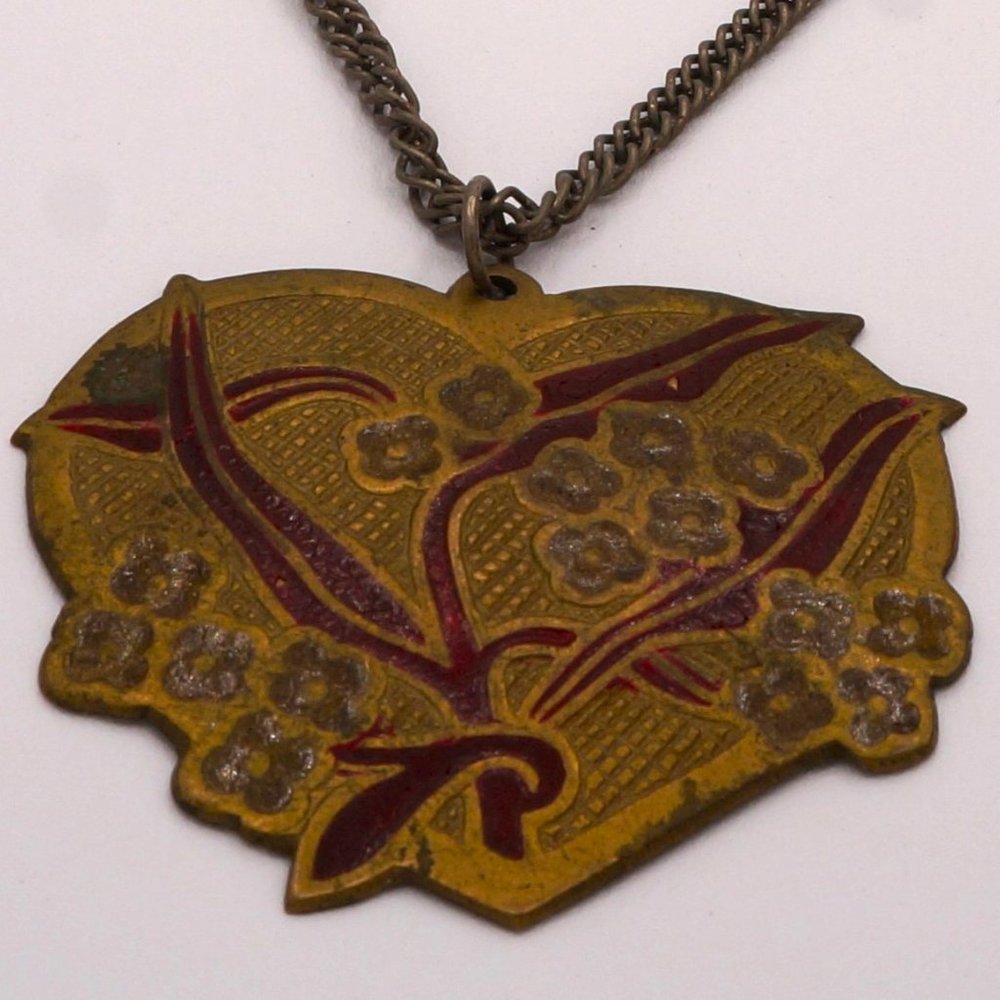 Vintage Brass Heart Red Enamel Vines and Flowers Pendant and Necklace